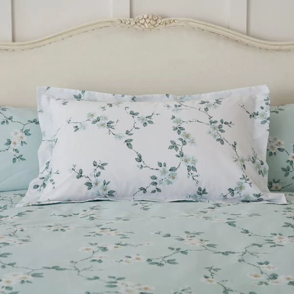 Edith Duck Egg Floral Oxford Pillowcase 3 Edith Duck Egg Floral Oxford Pillowcase