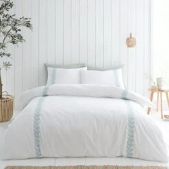 Bianca Fine Linens Embroidered Leaf 100% Cotton Duvet Cover & Pillowcase Set -Dunelm Shop 30828924