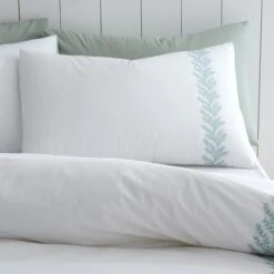 Bianca Fine Linens Embroidered Leaf 100% Cotton Duvet Cover & Pillowcase Set -Dunelm Shop 30828924 alt01