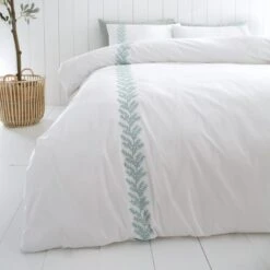 Bianca Fine Linens Embroidered Leaf 100% Cotton Duvet Cover & Pillowcase Set -Dunelm Shop 30828925 alt02