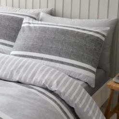 Catherine Lansfield Textured Banded Stripe Reversible Duvet Cover & Pillowcase Set -Dunelm Shop 30867199 alt01