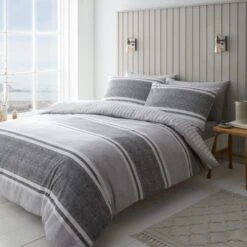Catherine Lansfield Textured Banded Stripe Reversible Duvet Cover & Pillowcase Set -Dunelm Shop 30867200