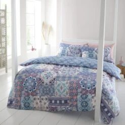 Catherine Lansfield Boho Patchwork Reversible Blue Duvet Cover & Pillowcase Set -Dunelm Shop 30867205