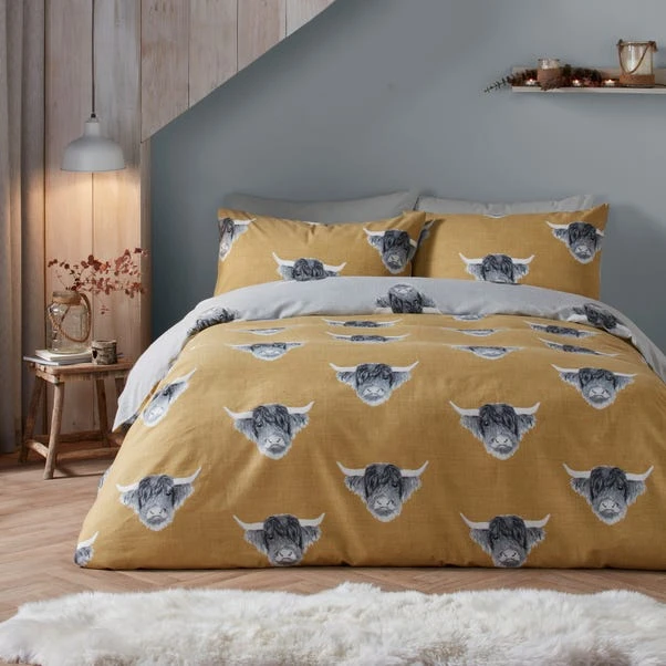 Fusion Snug Highland Cow Ochre Duvet Cover And Pillowcase Set 3 Fusion Snug Highland Cow Ochre Duvet Cover And Pillowcase Set