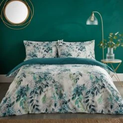Flo Trailing Leaf Teal Luxury Velvet Duvet Cover And Pillowcase Set